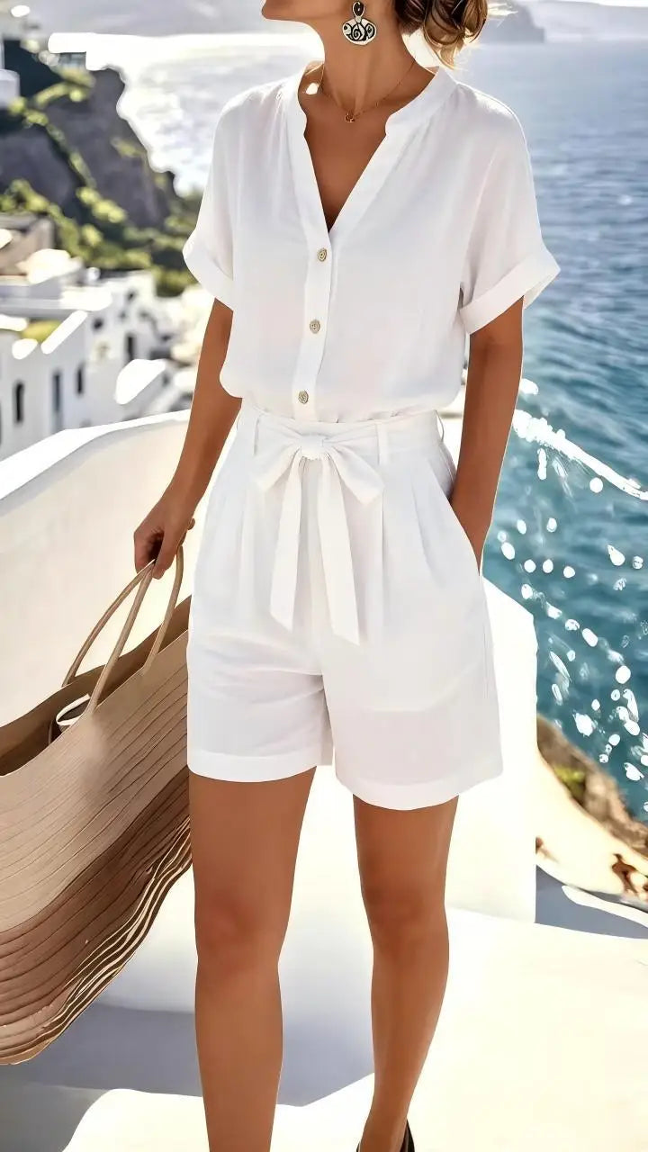 Haven Beck Elowen Linen-Blend Romper Tie-Front
