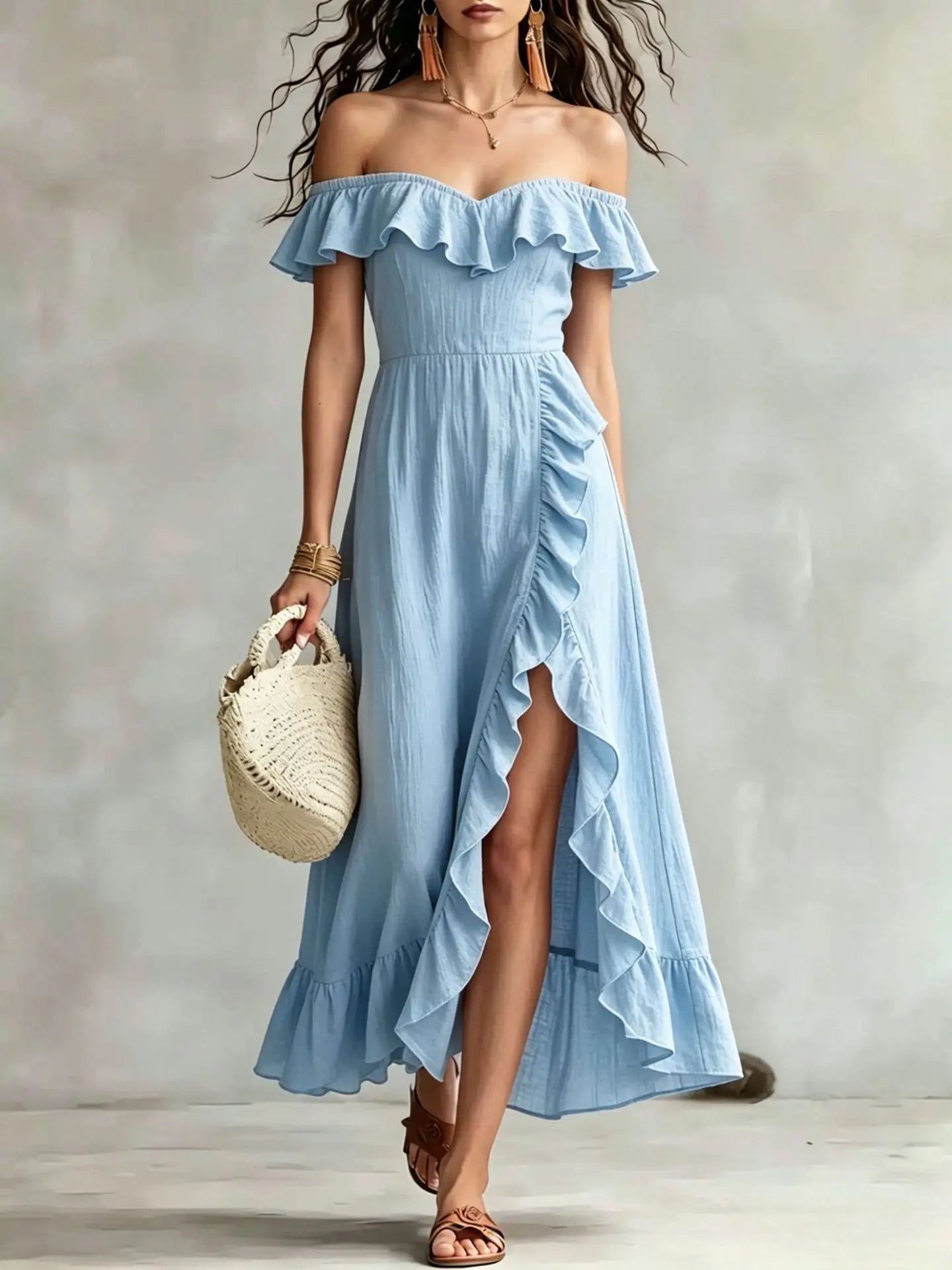 Haven Beck Arabella One Shoulder Ruffle Maxi Dress Split Hem