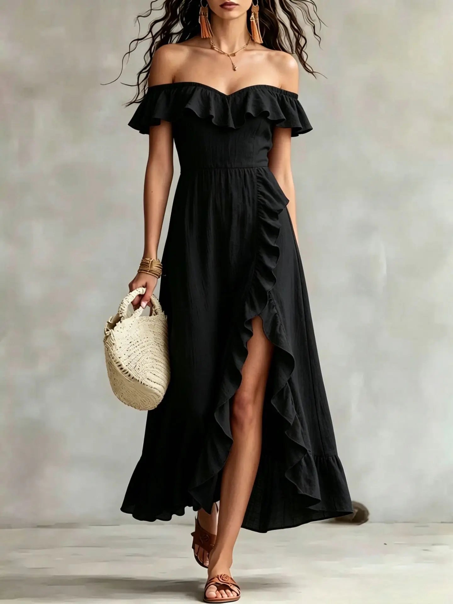 Haven Beck Arabella One Shoulder Ruffle Maxi Dress Split Hem