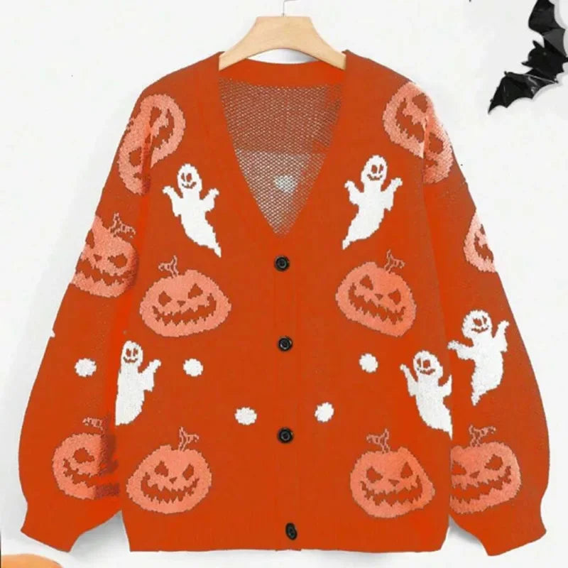 Haven Beck Women's Sadie Pumpkin Ghost Cardigan Button Front