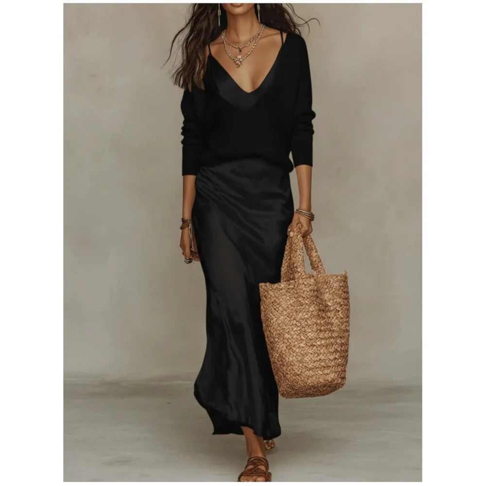 Haven Beck Valencia Satin Skirt and Knit Top Set Women's