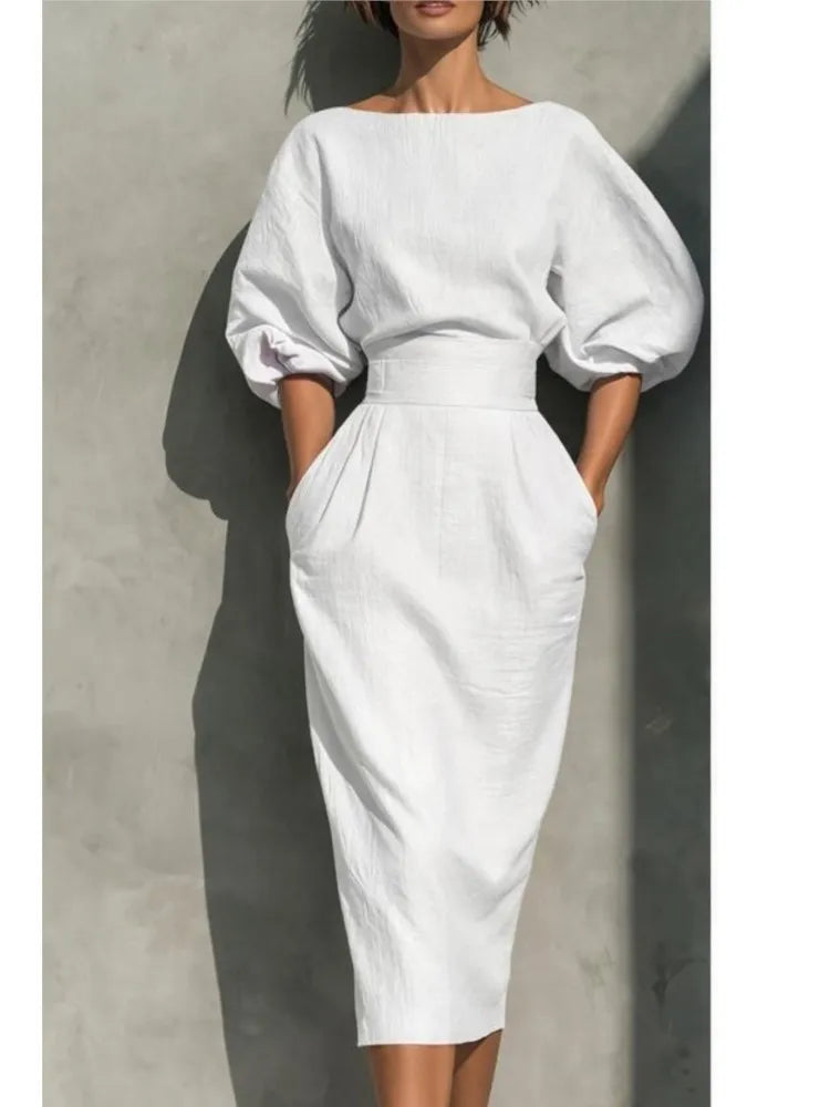 Haven Beck Bailey Elegant Linen Midi Dress Pleated Lantern Sleeve