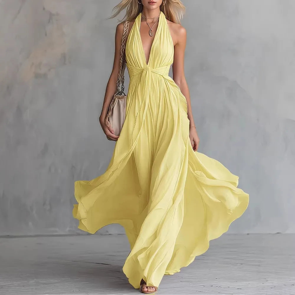 Haven Beck Roselyn Flowy Evening Dress Pleated Backless Maxi