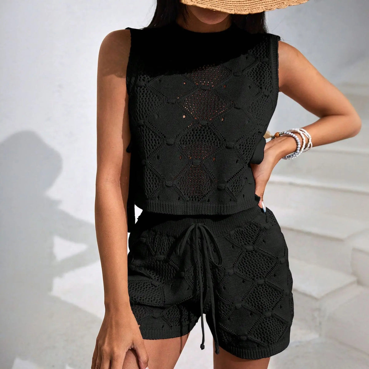 Haven Beck Elira Crochet Two Piece Set Sleeveless Crop Top Shorts