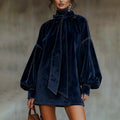 Women's Larissa Bow Tie Velvet Mini Dress Lantern Sleeve