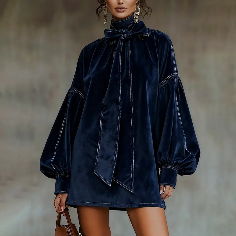 Women's Larissa Bow Tie Velvet Mini Dress Lantern Sleeve