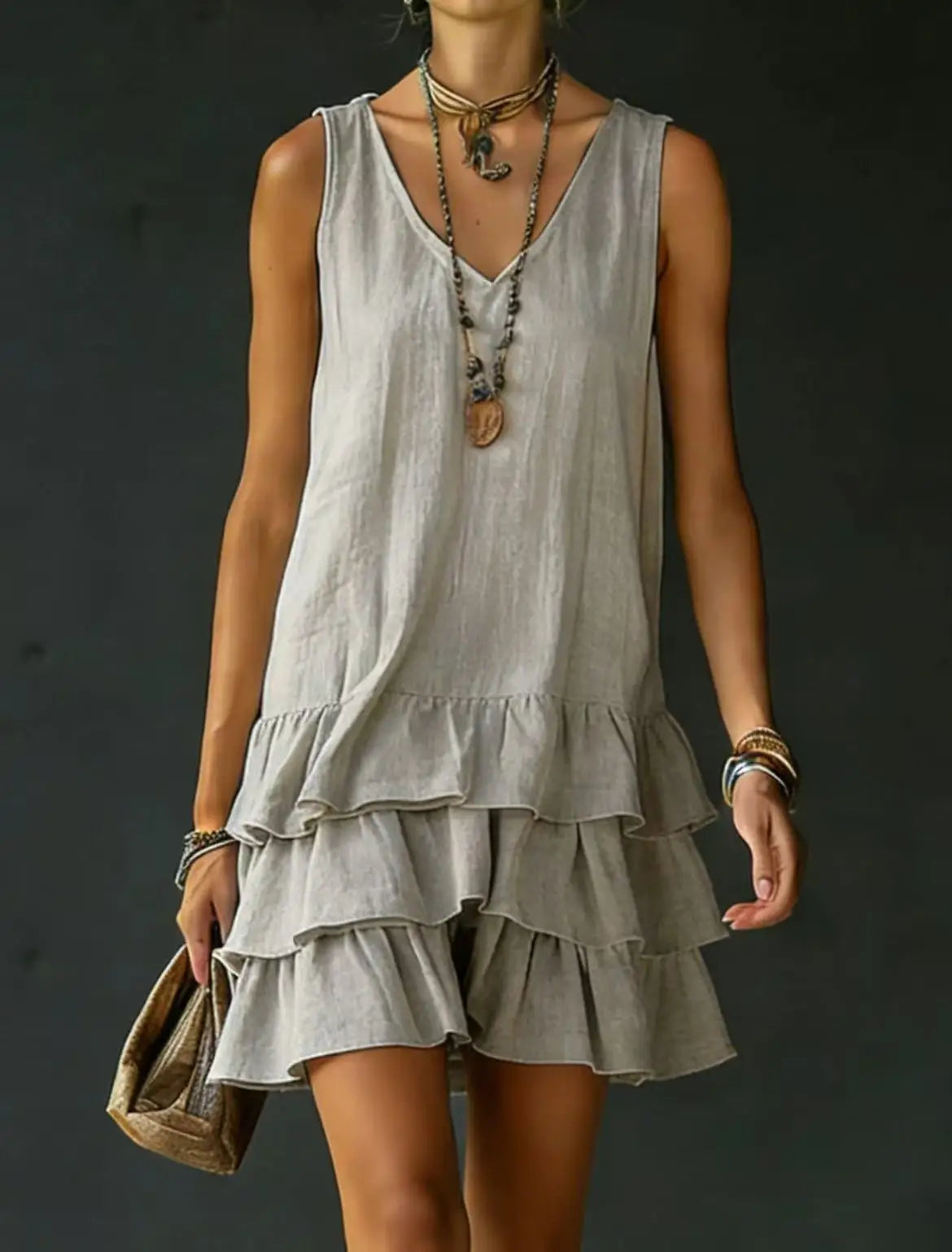 Haven Beck Courtney Ruffle Mini Dress Tiered Sleeveless V-Neck