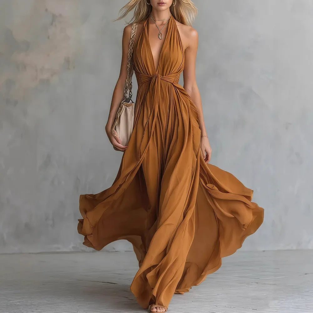 Haven Beck Roselyn Flowy Evening Dress Pleated Backless Maxi