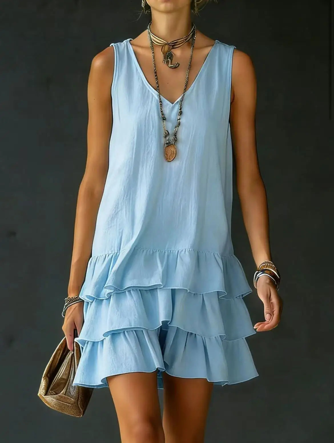 Haven Beck Courtney Ruffle Mini Dress Tiered Sleeveless V-Neck