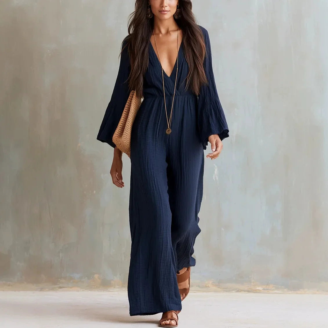 Haven Beck Selah Boho Wide Leg Jumpsuit Deep V-Neck Flare Sleeves