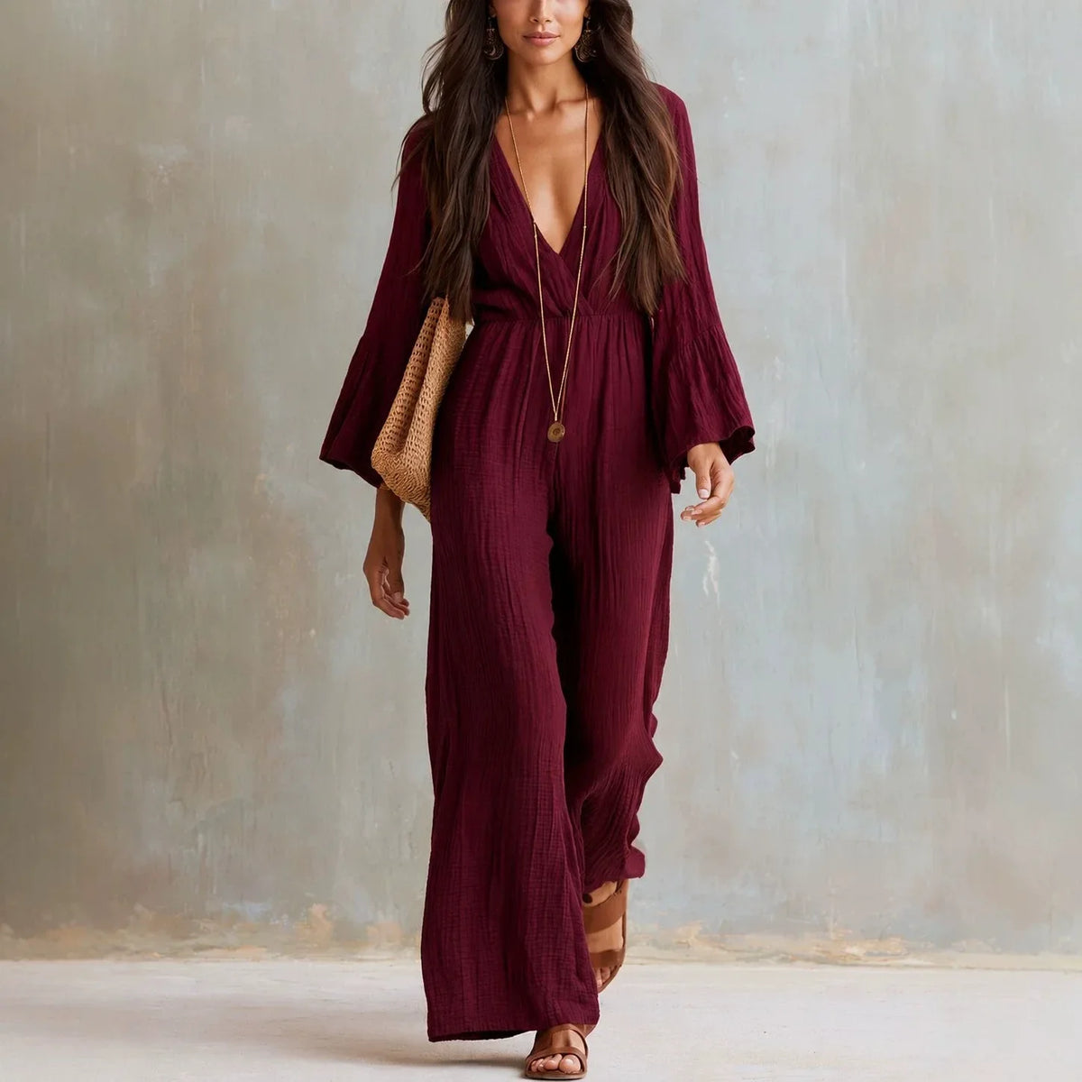Haven Beck Selah Boho Wide Leg Jumpsuit Deep V-Neck Flare Sleeves