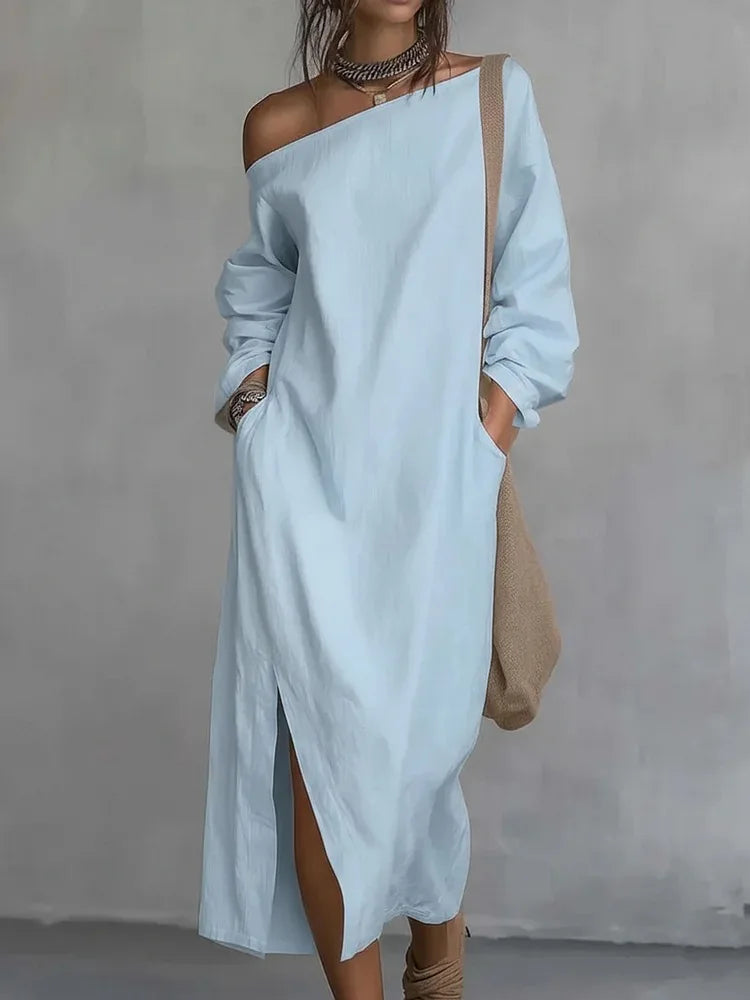 Haven Beck Kaylee One Shoulder Linen Maxi Dress