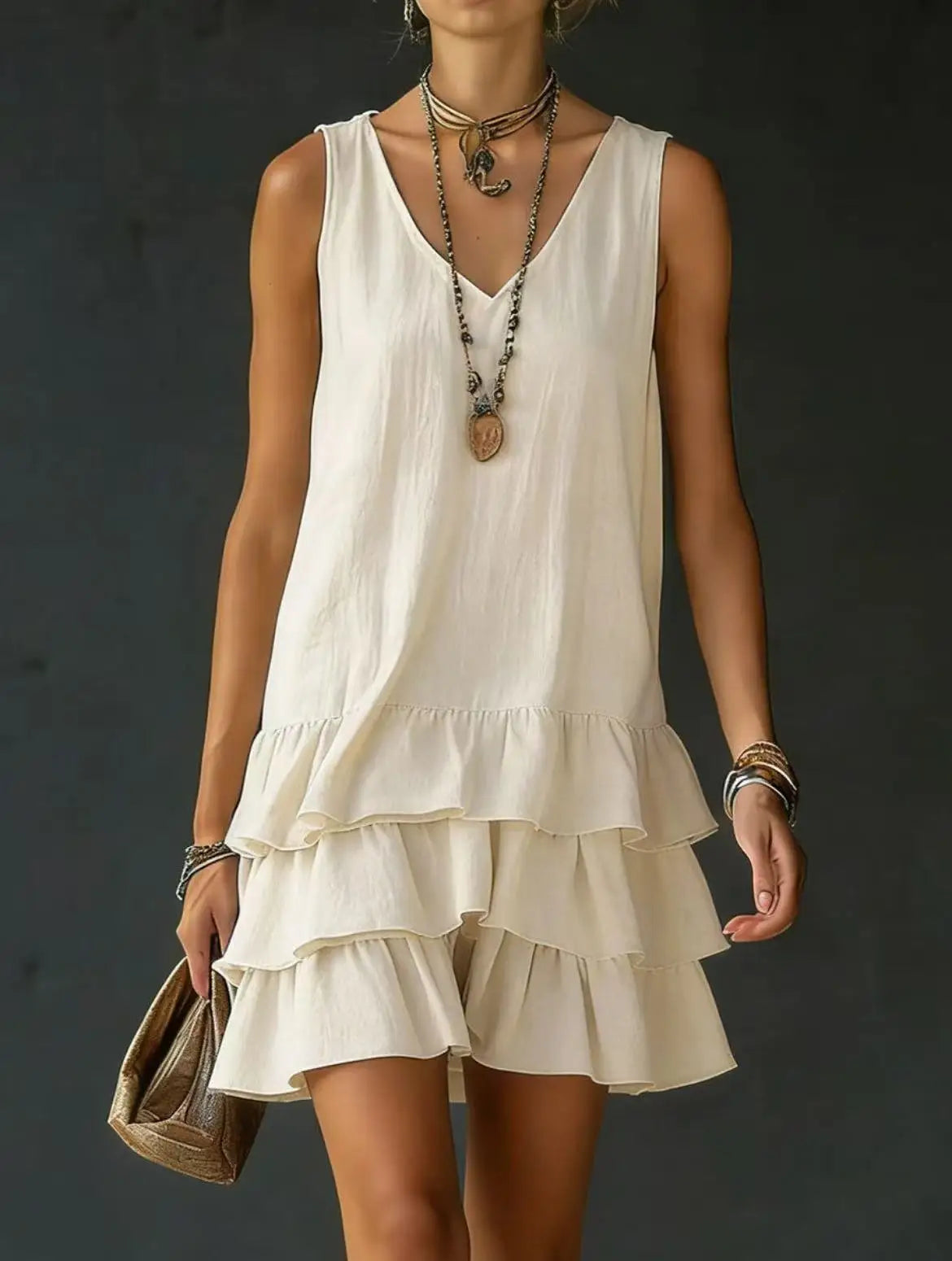 Haven Beck Courtney Ruffle Mini Dress Tiered Sleeveless V-Neck