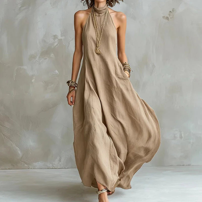 Haven Beck Evelyn Halter Maxi Dress Flowy Swing Silhouette
