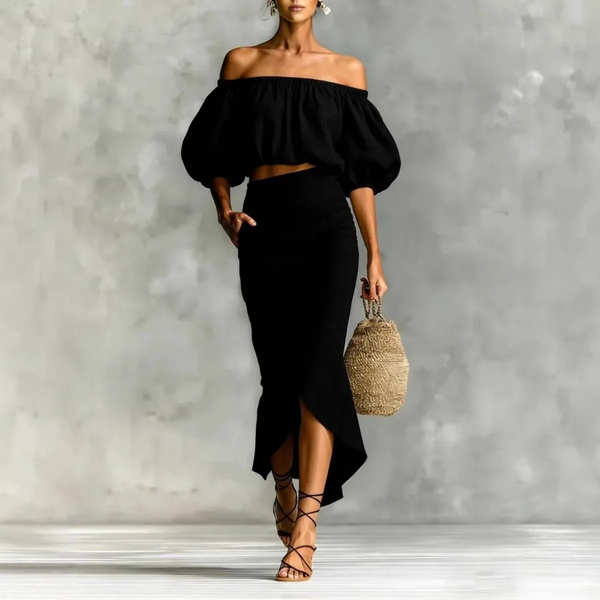 Haven Beck Blaire Off-Shoulder Skirt Set Puff Sleeve Midi Wrap