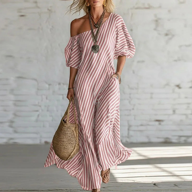Haven Beck Sian One Shoulder Puff Sleeve Dress Striped Print