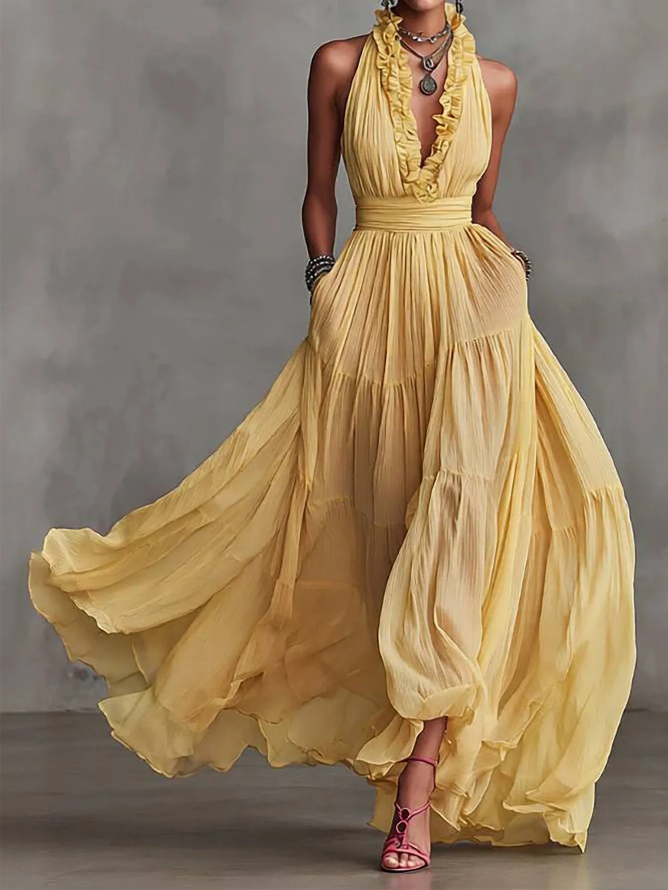 Haven Beck Brenda Ruffle Trim Evening Maxi Dress
