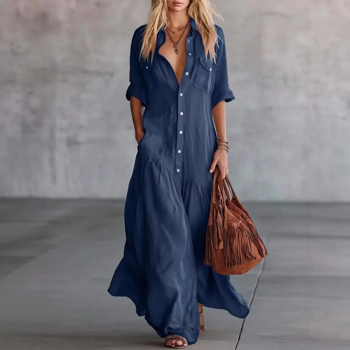 Haven Beck Naomi Loose Tiered Button-Down Maxi Dress