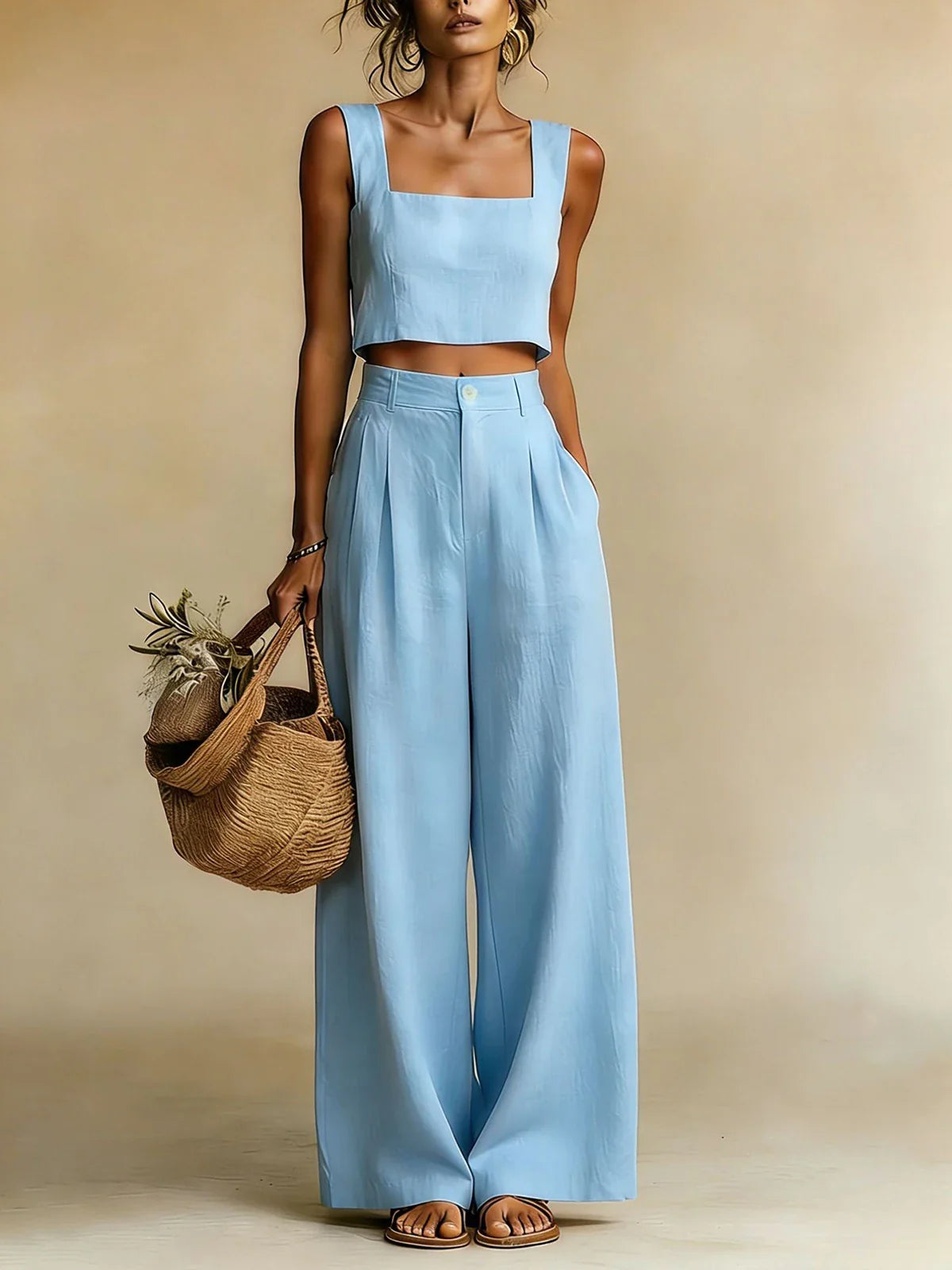 Haven Beck Palazzo Pants Set Sleeveless Crop Top Wide Leg
