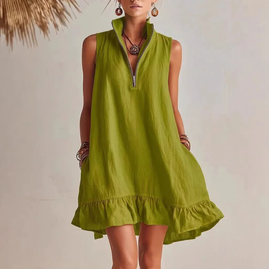 Haven Beck Kendall Ruffle Hem Mini Dress Sleeveless V-Neck