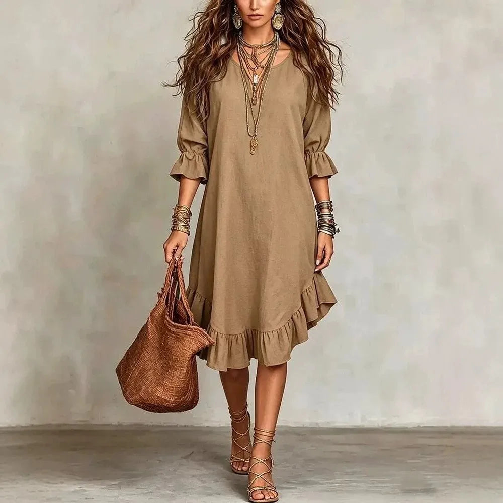 Haven Beck Josette Ruffle Half Sleeve V-Neck Midi Dress