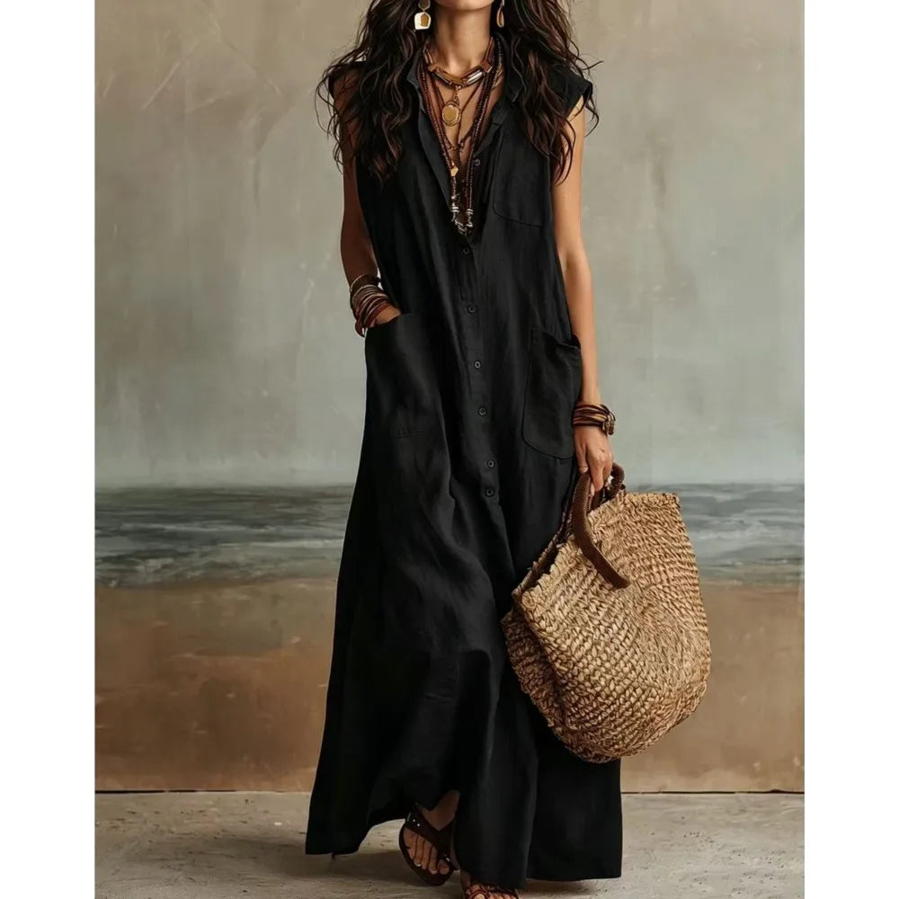 Haven Beck Reese Bohemian V Neck Casual Linen Maxi Dress