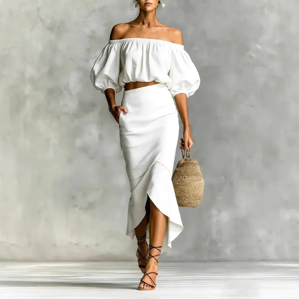 Haven Beck Blaire Off-Shoulder Skirt Set Puff Sleeve Midi Wrap