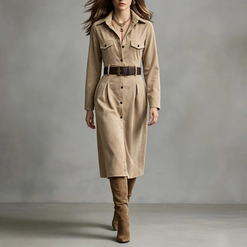 Women's Teodora Faux Suede Shirt Dress Button Front Belted