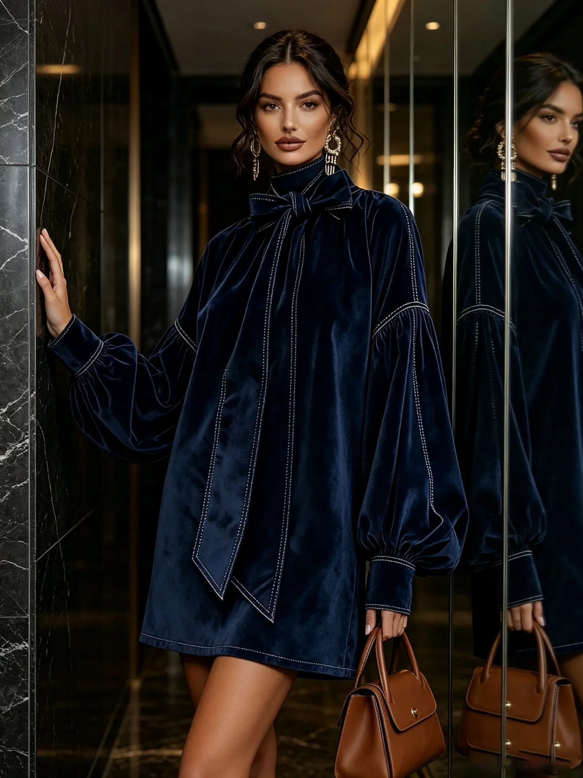 Women's Larissa Bow Tie Velvet Mini Dress Lantern Sleeve