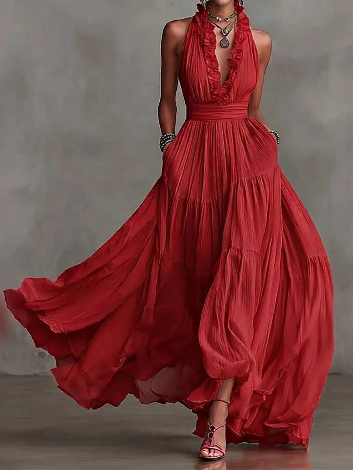 Haven Beck Brenda Ruffle Trim Evening Maxi Dress