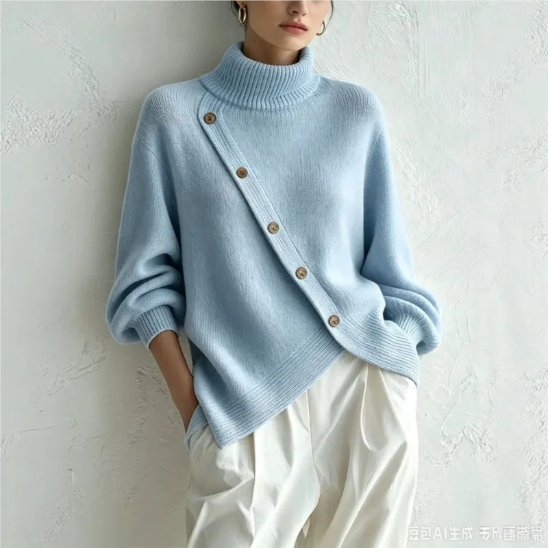 Haven Beck Women's Delphine Wrap Front Sweater Turtleneck Button