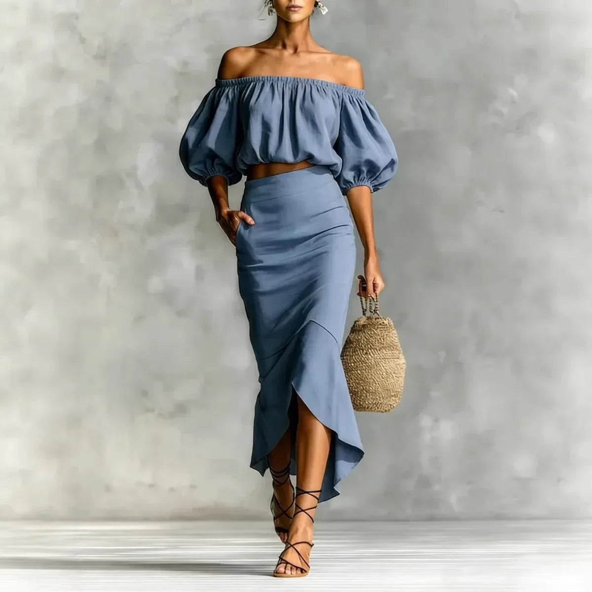 Haven Beck Blaire Off-Shoulder Skirt Set Puff Sleeve Midi Wrap