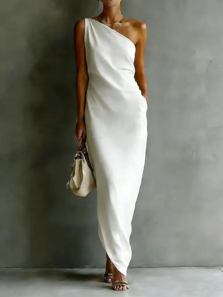 Haven Beck Cheyenne One Shoulder Satin Maxi Dress