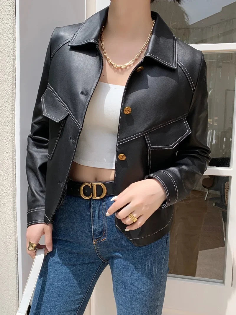 Women's Monacco Button Front Cropped Faux Leather Jacket