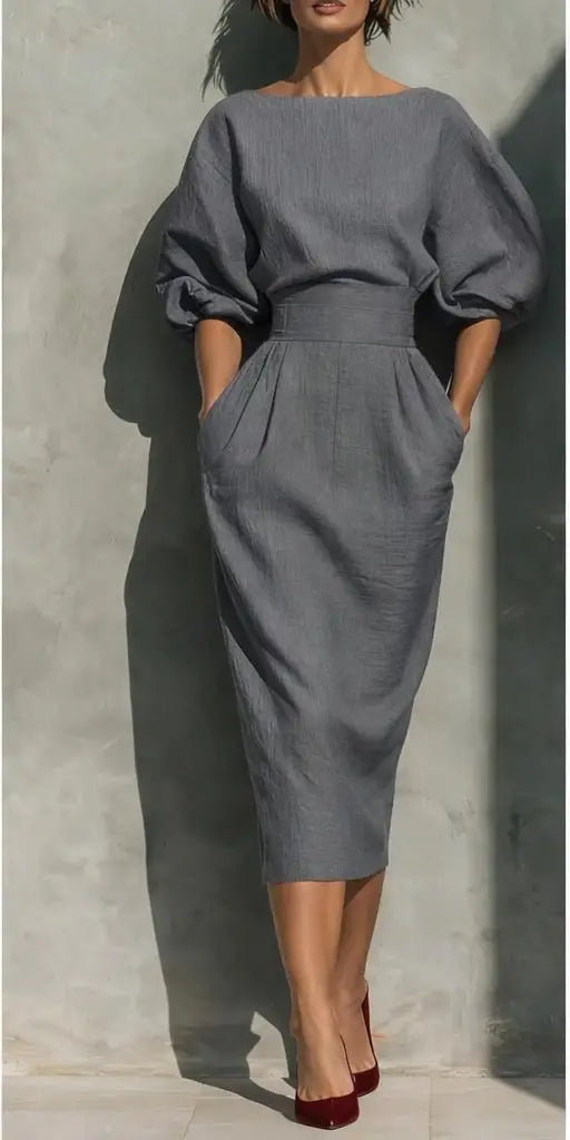 Haven Beck Bailey Elegant Linen Midi Dress Pleated Lantern Sleeve