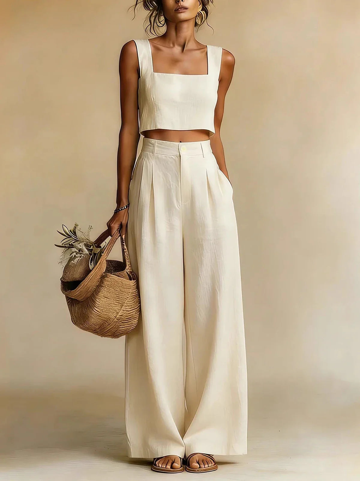 Haven Beck Palazzo Pants Set Sleeveless Crop Top Wide Leg