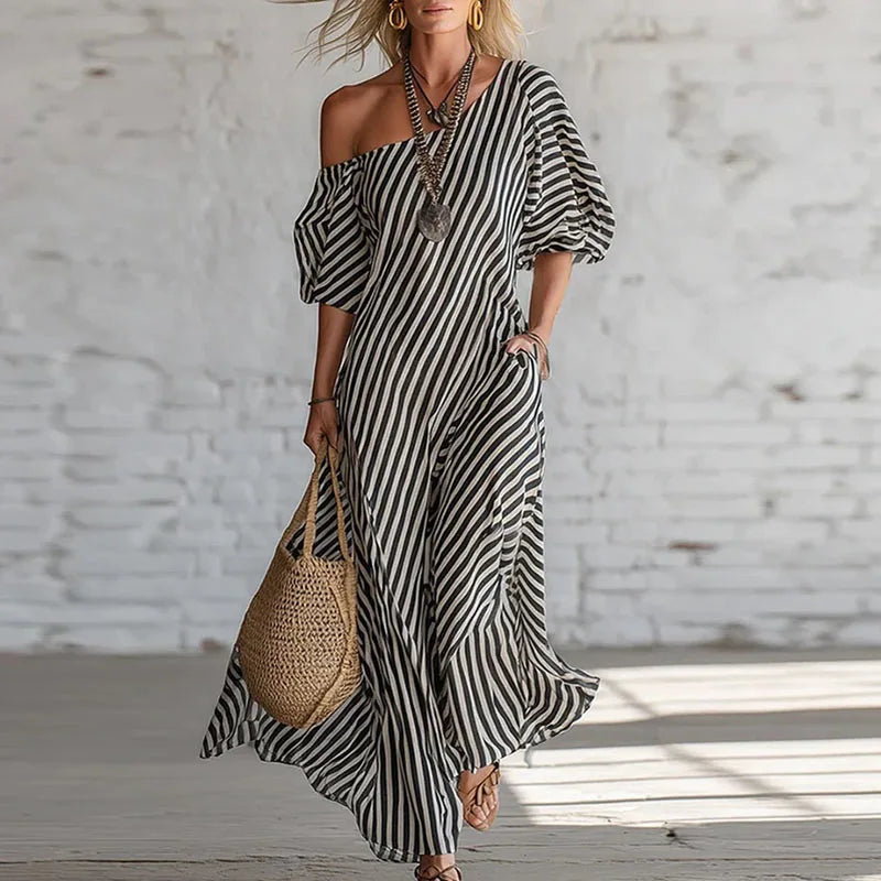 Haven Beck Sian One Shoulder Puff Sleeve Dress Striped Print