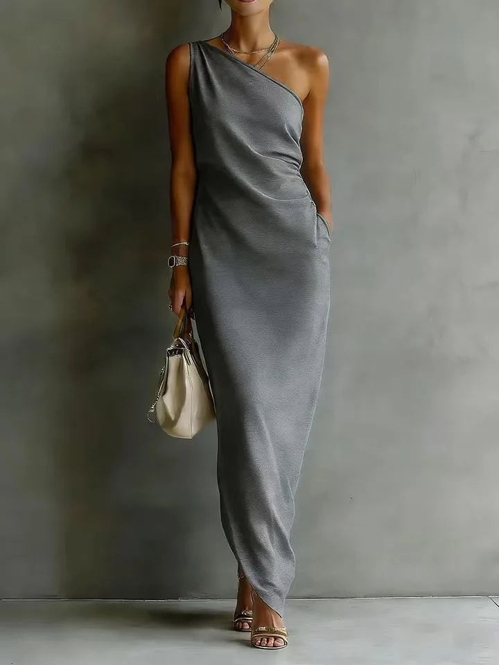 Haven Beck Cheyenne One Shoulder Satin Maxi Dress