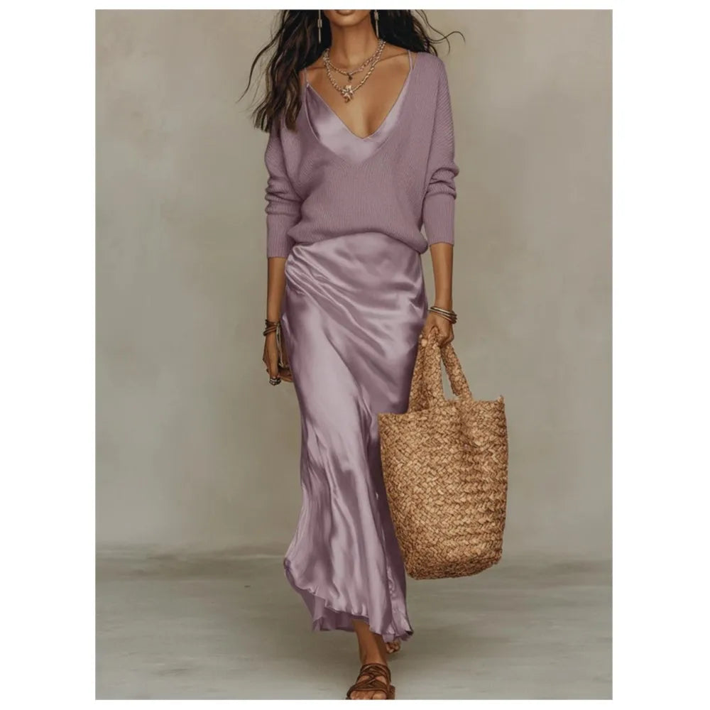 Haven Beck Valencia Satin Skirt and Knit Top Set Women's