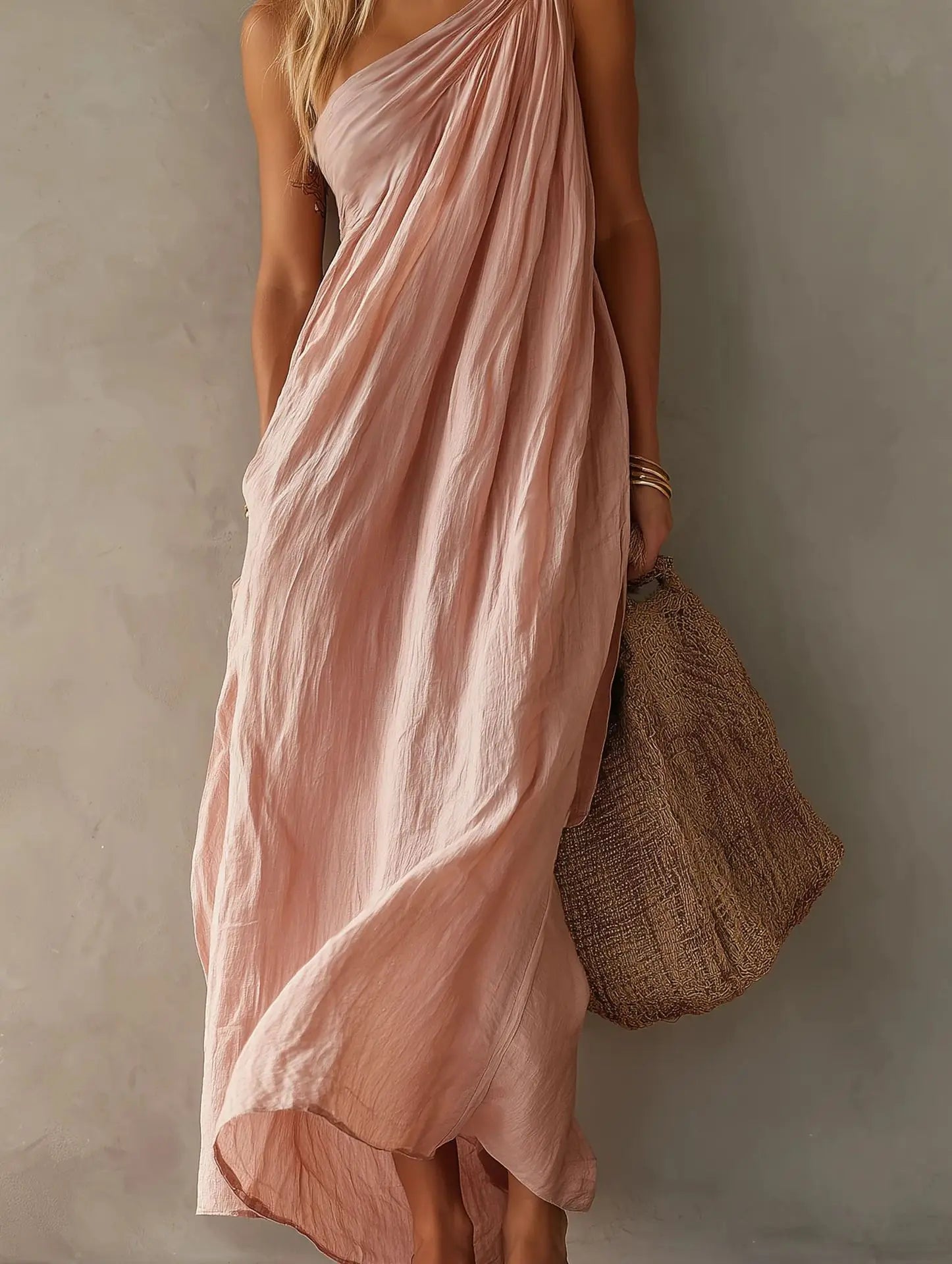 Haven Beck Celine One Shoulder Linen Maxi Dress