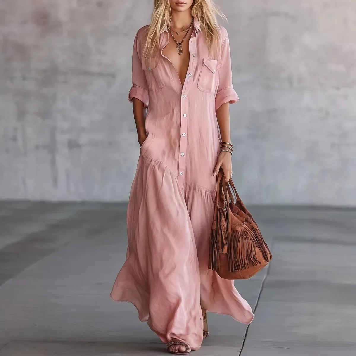 Haven Beck Naomi Loose Tiered Button-Down Maxi Dress