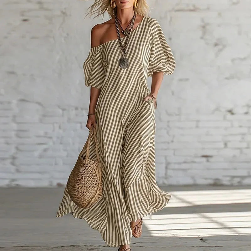 Haven Beck Sian One Shoulder Puff Sleeve Dress Striped Print