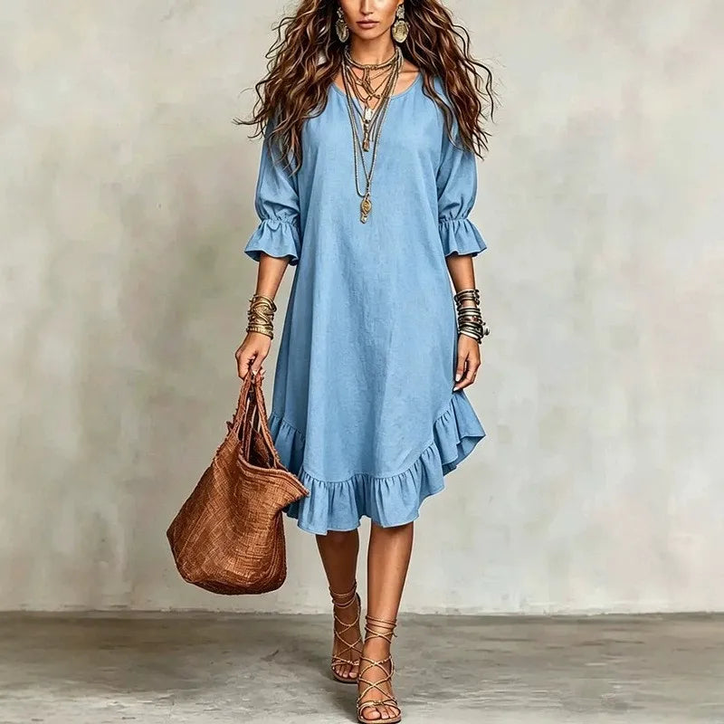 Haven Beck Josette Ruffle Half Sleeve V-Neck Midi Dress