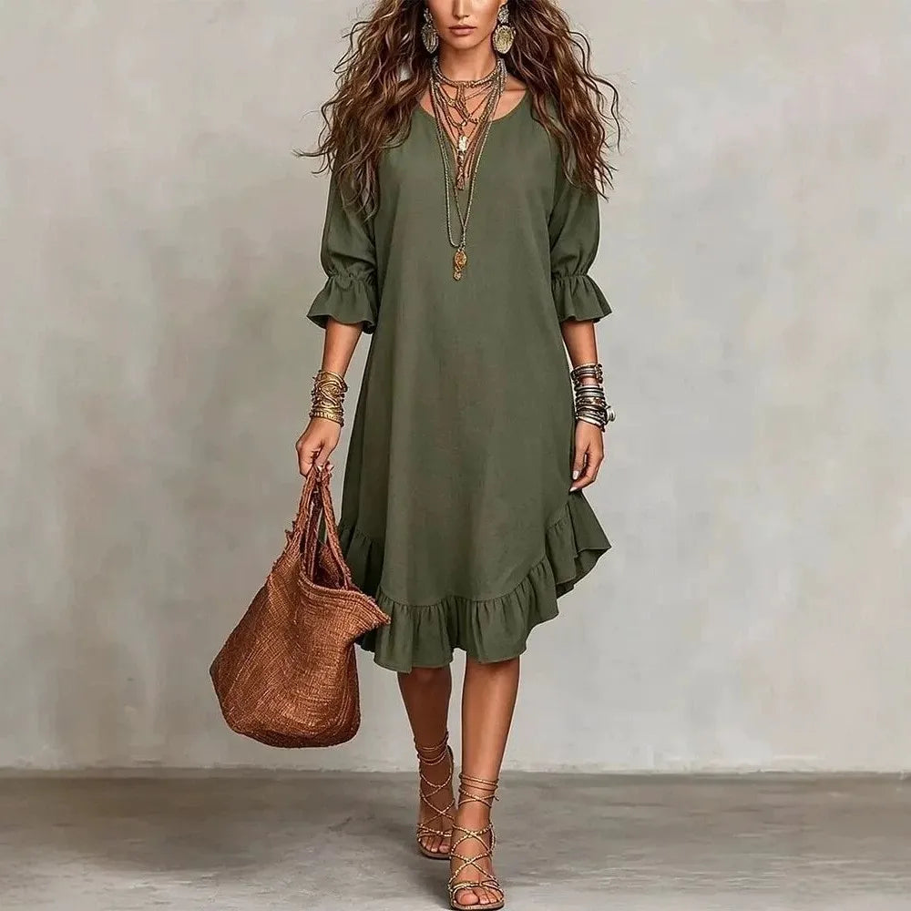 Haven Beck Josette Ruffle Half Sleeve V-Neck Midi Dress