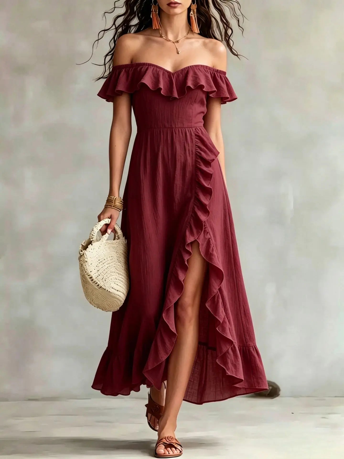 Haven Beck Arabella One Shoulder Ruffle Maxi Dress Split Hem