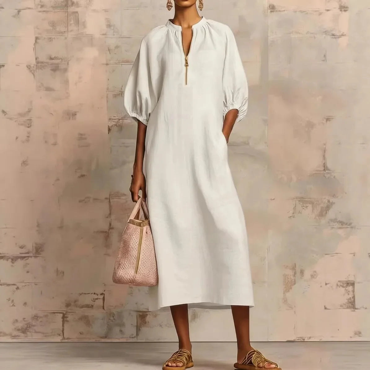 Haven Beck Solana Puff Sleeve Midi Dress Relaxed Fit