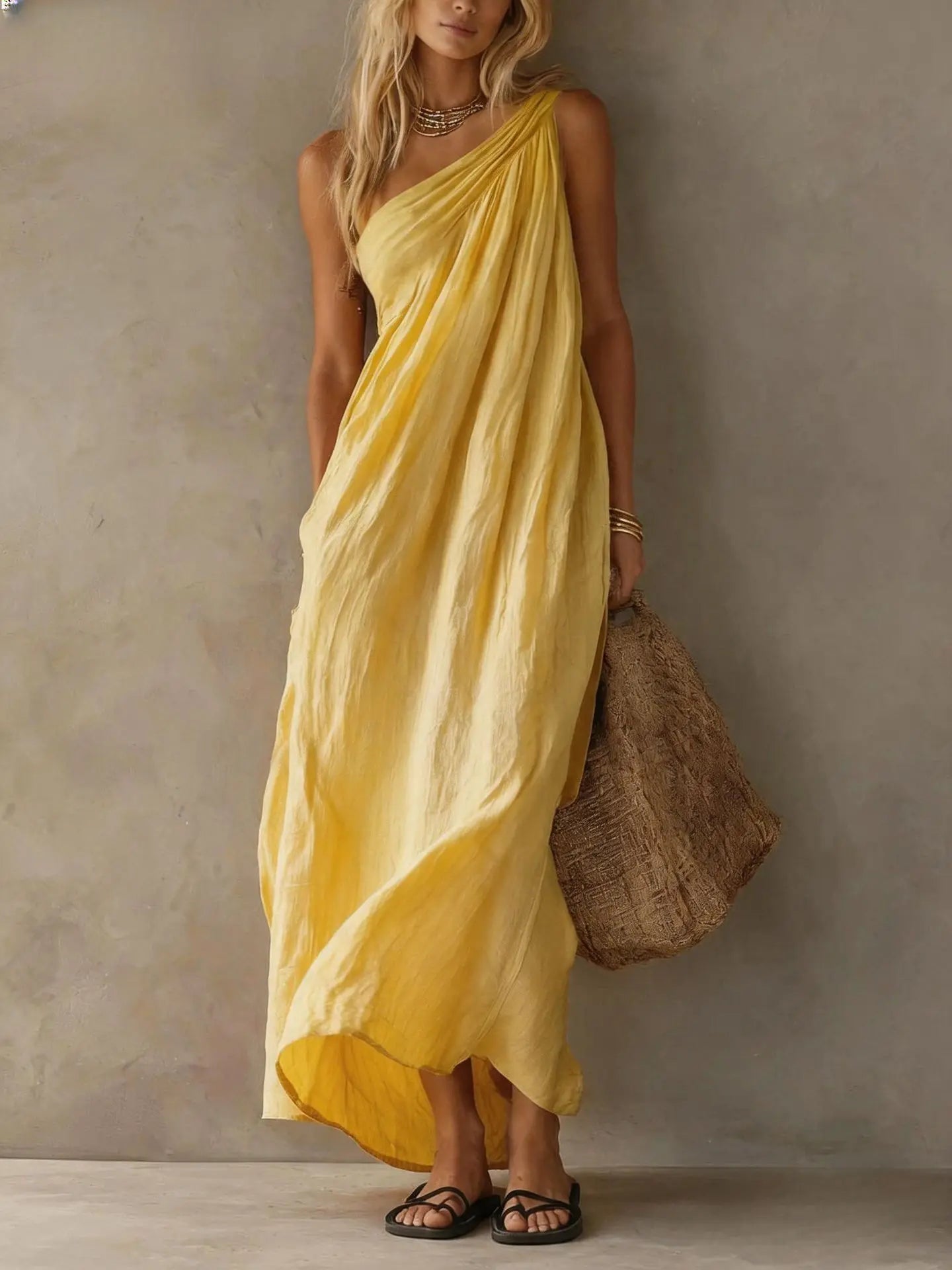 Haven Beck Celine One Shoulder Linen Maxi Dress