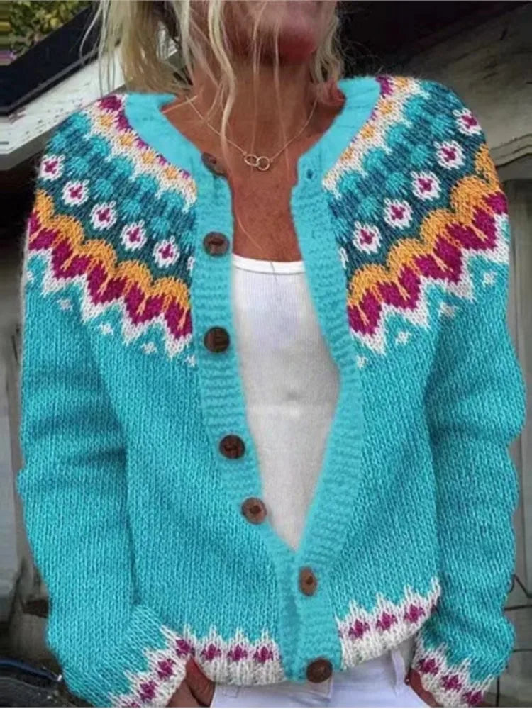 Women's Nadia Fair Isle Cardigan Round Neck Button Front