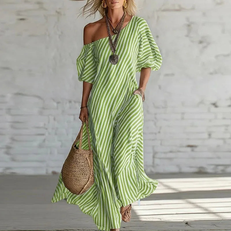 Haven Beck Sian One Shoulder Puff Sleeve Dress Striped Print