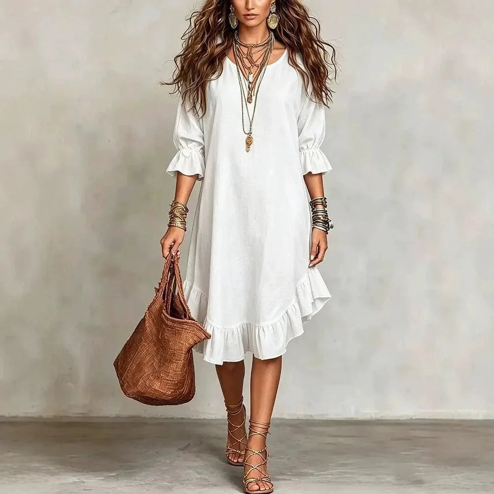 Haven Beck Josette Ruffle Half Sleeve V-Neck Midi Dress